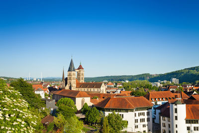 High angle view of townscape against clear blue sky