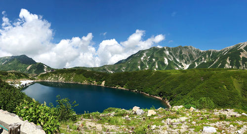 Scenic view of lake and mountains against sky