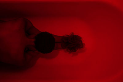 High angle view of shirtless woman sitting in bathtub