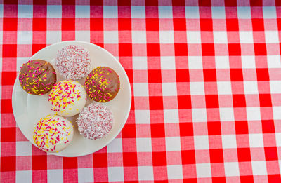 High angle view of dessert served on table