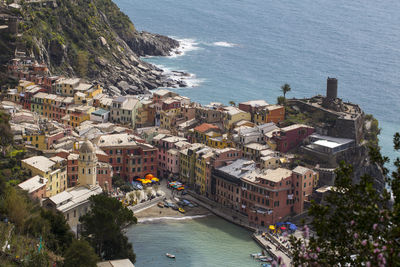 High angle view of town by sea