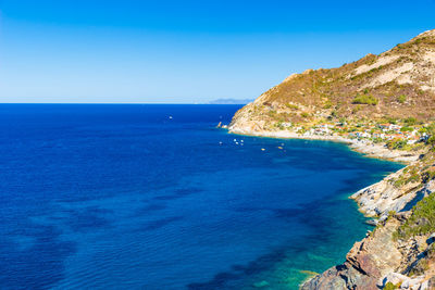 Scenic view of sea against clear blue sky