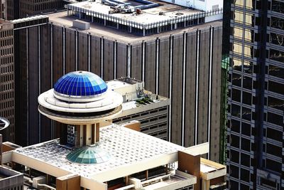 High angle view of modern buildings in city