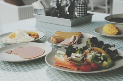 High angle view of breakfast served on table