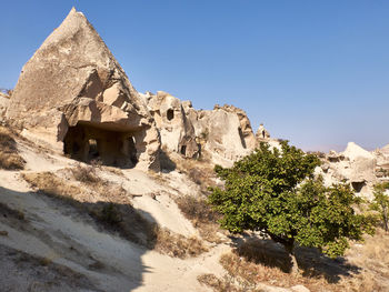 Remains of rock-cut christian temples at the rock site of cappadocia near goreme, turkey.