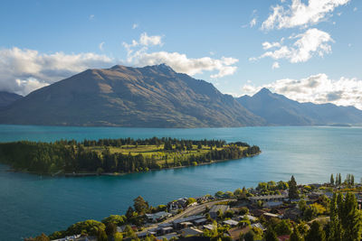 Scenic view of lake and mountains against sky