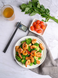 High angle view of salad in bowl on table