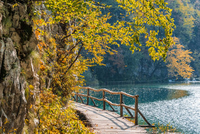 Wooden footpath in plitvice lakes national park in croatia in autumn