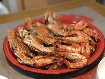 High angle view of seafood in plate on table