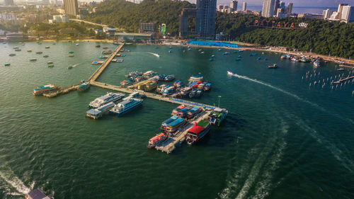 High angle view of boats in sea