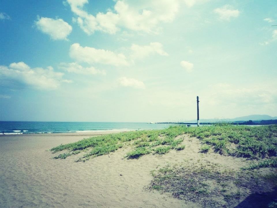 sea, sky, horizon over water, tranquil scene, tranquility, water, beach, cloud - sky, scenics, beauty in nature, nature, cloud, shore, plant, day, grass, sand, idyllic, outdoors, growth