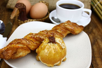 Close-up of breakfast served on table