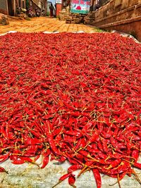 High angle view of red chili peppers for sale at market