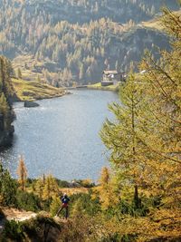 High angle view of trees by lake during autumn