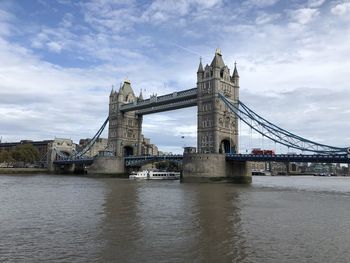 View of bridge over river against cloudy sky
