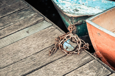 High angle view of snake on wooden table