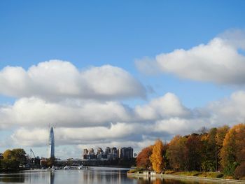 Scenic view of river by trees against sky