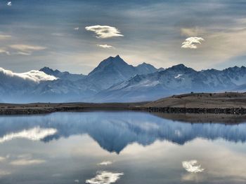 Scenic view of lake and mountains against sky