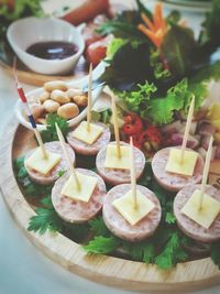 Close-up of served food on table