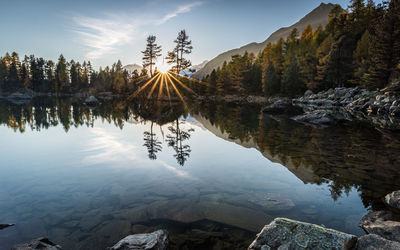 Scenic view of lake by mountains against sky