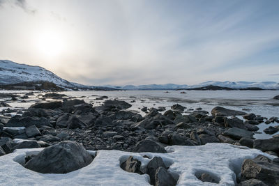 Scenic view of frozen lake against sky