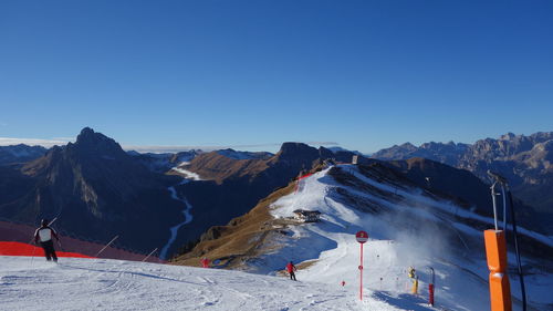 Scenic view of snowcapped mountains against clear blue sky