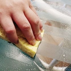 Close-up of hand holding scrubbing with sponge