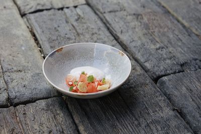 High angle view of food in bowl on table