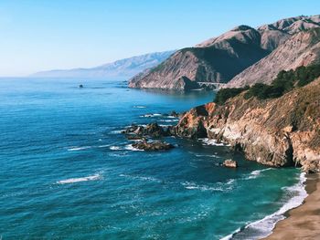 Scenic view of sea against clear blue sky