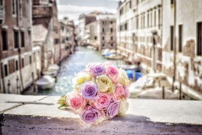 Close-up of pink rose bouquet in city