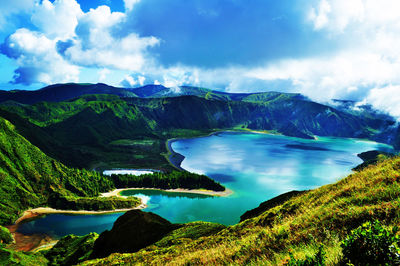 Scenic view of lake and mountains against sky