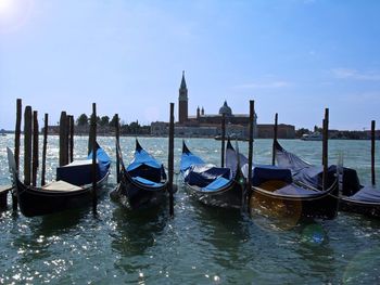 Gondolas in a row in venice 