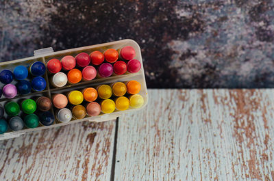 High angle view of multi colored pencils on table