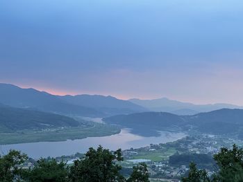 Scenic view of mountains against sky during sunset