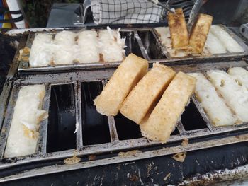 High angle view of food on barbecue grill