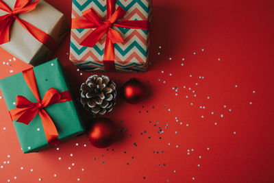 High angle view of christmas decoration on table