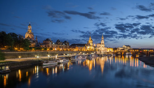 High angle view of boats moored on river by dresden frauenkirche