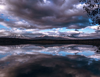 Scenic view of lake against dramatic sky