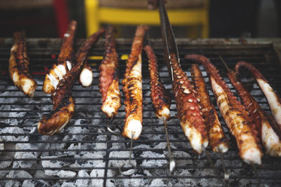 Close-up of meat on barbecue grill