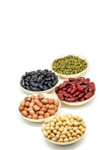 Close-up of fruits in bowl against white background