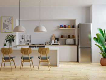 Interior of modern comfortable kitchen with wooden and white details.3d rendering