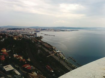 High angle view of town by sea against sky