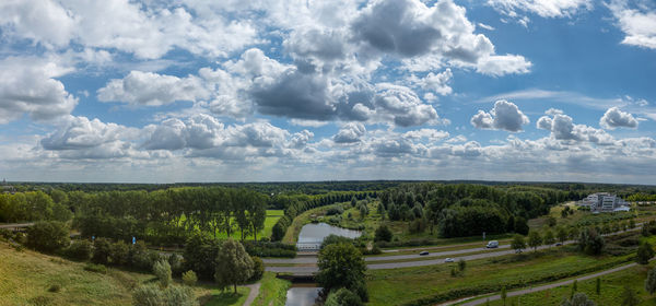 High angle view of trees on field against sky