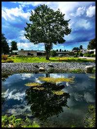 Scenic view of lake against cloudy sky