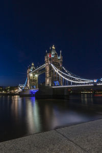 Illuminated suspension bridge over river at night