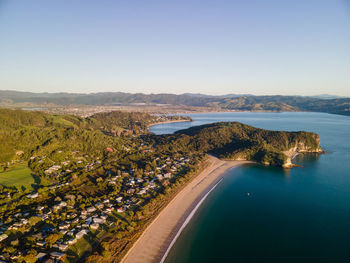 High angle view of sea against clear sky