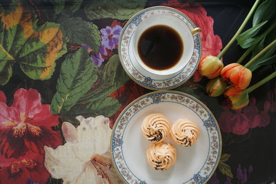 High angle view of tea served on table