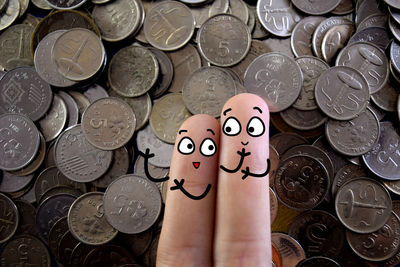 Close-up high angle view of coins