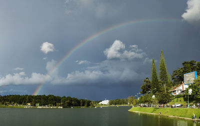 Scenic view of rainbow over lake by building against sky