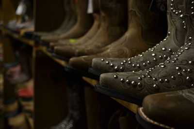 Close-up of shoes in rack for sale